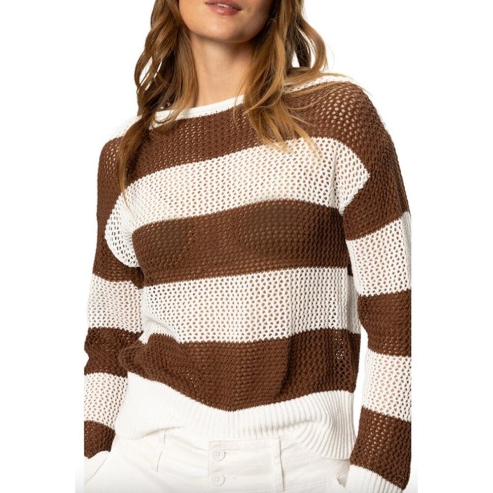 SANCTUARY Sweater Size L NEW Cotton Open Knit Brown Stripe Sweater